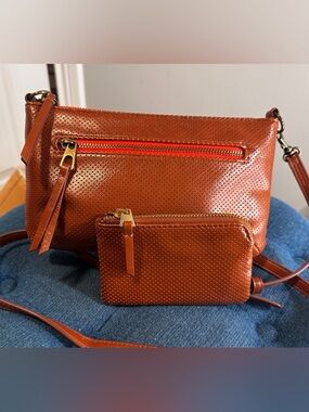 Universal Thread Perforated Cognac  Crossbody with Zip Pouch